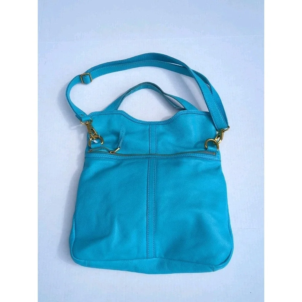 Fossil Erin Tidal Blue Soft Pebbled Leather Fold Over Crossbody Zipper Pockets
